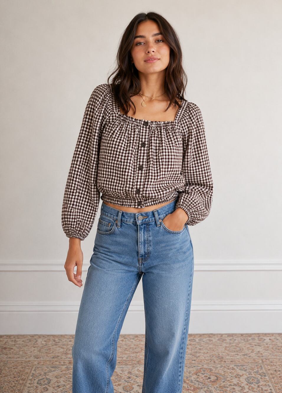 Madewell Women's SZ S Puff-Sleeve Button-Front Crop Top Plaid Chocolate Raisin